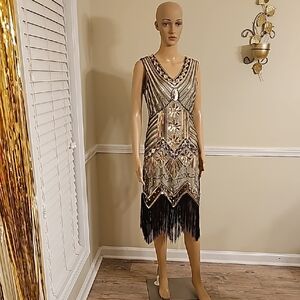 Black And Gold Sequin Flapper Dress